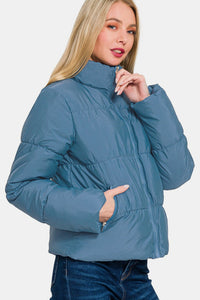 Zip Up Turtleneck Puffer Jacket with Pockets in Dusty Blue