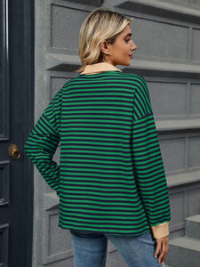 Striped Johnny Collar Long Sleeve Sweatshirt (multiple color options)