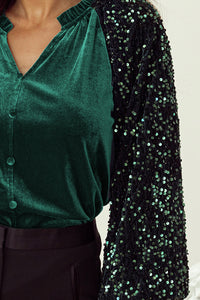 Sequin Notched Long Sleeve Blouse (2 color options)