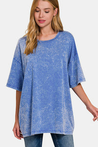 Washed Round Neck Drop Shoulder Oversized T-Shirt in Blue