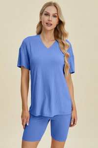 Ribbed V-Neck Short Sleeve Top and Shorts Set (multiple color options)