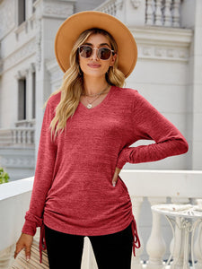 Drawstring V-Neck Long Sleeve Top (multiple color options)