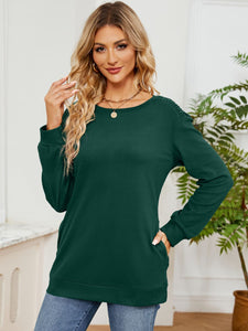 Ruched Shoulder Round Neck Long Sleeve Sweatshirt (multiple color options)