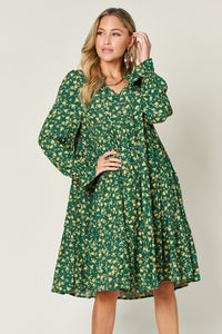 Printed Ruffle Hem Long Sleeve Tiered Dress (multiple color options)