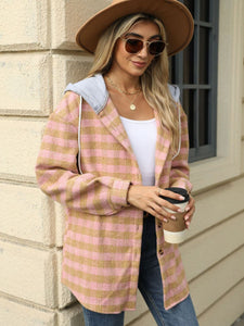 Drawstring Plaid Long Sleeve Hooded Jacket (multiple color options)