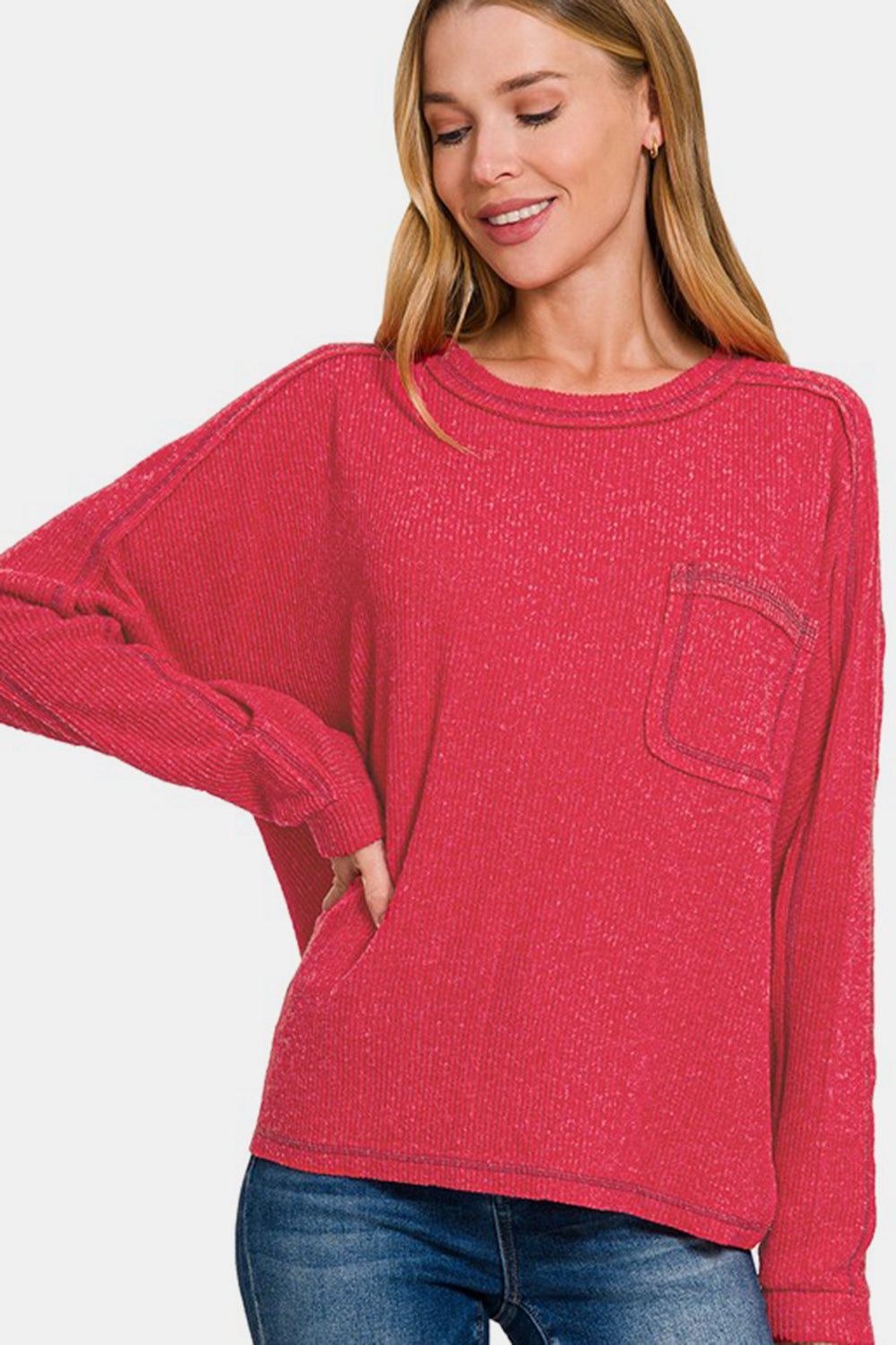 Contrast Stitching Brushed Ribbed Hacci Knit Top in Red