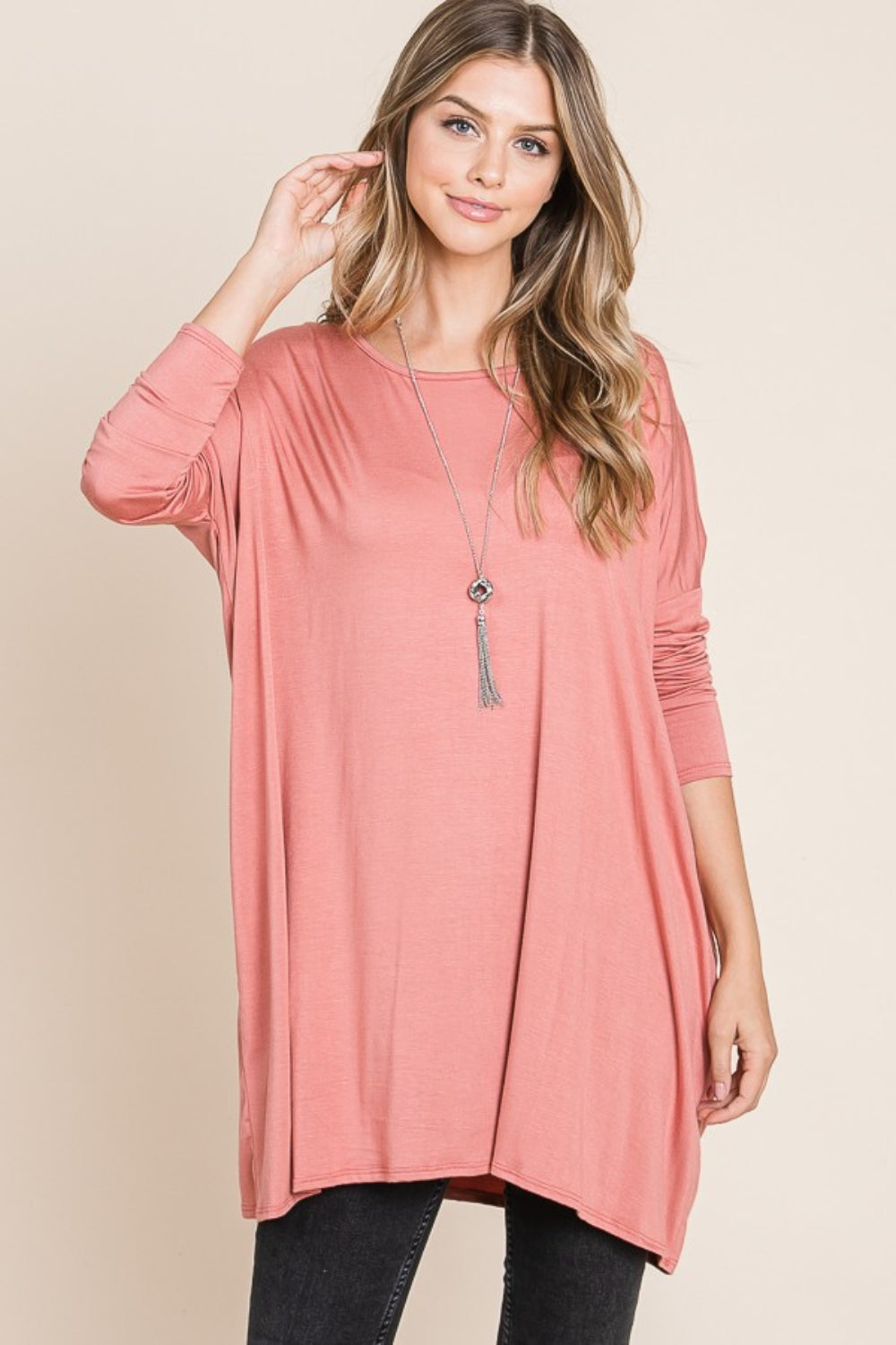 Round Neck Long Sleeve Oversized Top in Brick