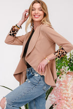 Load image into Gallery viewer, Rolled Leopard Cuff Open Front Blazer in Mocha
