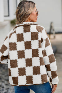 Checkered Snap Down Long Sleeve Teddy Jacket  (multiple color options)