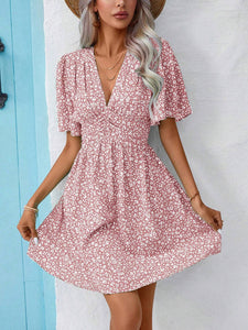 Printed V-Neck Half Sleeve Mini Dress (multiple color options)