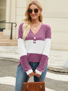 Color Block V-Neck Long Sleeve Top  (multiple color options)