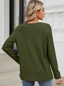 Waffle-Knit Notched Long Sleeve Top (multiple color options)