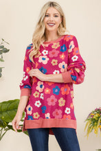 Load image into Gallery viewer, Side Slit Flower Print Long Sleeve Top in Fuchsia
