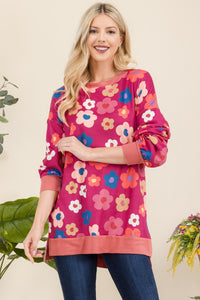 Side Slit Flower Print Long Sleeve Top in Fuchsia