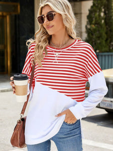 Slit Contrast Striped Long Sleeve Sweatshirt (multiple color options)