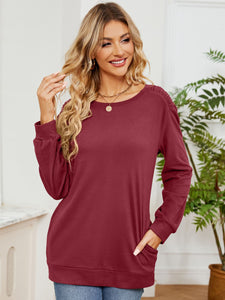 Ruched Shoulder Round Neck Long Sleeve Sweatshirt (multiple color options)