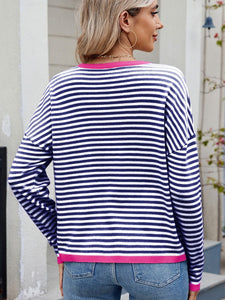 Striped Contrast Round Neck Long Sleeve Sweater (multiple color options)