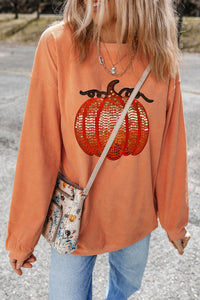 Sequin Pumpkin Round Neck Long Sleeve Sweatshirt (2 color options)