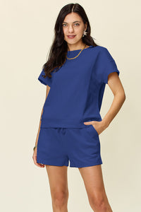 Texture Short Sleeve Top and Drawstring Shorts Set (multiple color options)