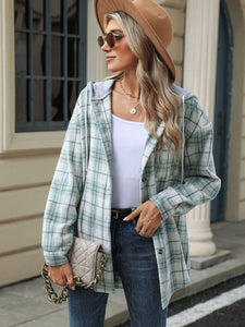 Drawstring Plaid Button Up Hooded Jacket (multiple color options)