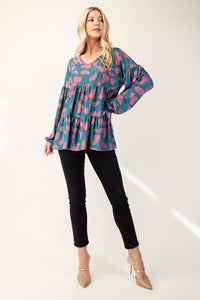 Tiered Floral V-Neck Long Sleeve Blouse