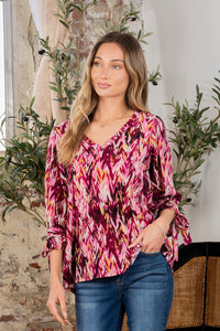 Printed V-Neck Blouse with Sleeve Knot