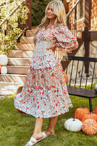 Printed V-Neck Lantern Sleeve Midi Dress