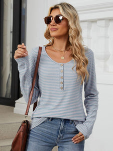 Striped Half Button Long Sleeve Top (multiple color options)