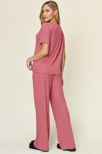 Round Neck Short Sleeve T-Shirt and Wide Leg Pants Set (multiple color options)