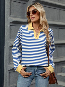 Striped Johnny Collar Long Sleeve Sweatshirt (multiple color options)