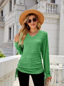 Drawstring V-Neck Long Sleeve Top (multiple color options)