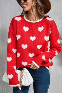 Contrast Trim Heart Round Neck Sweater (2 color options)