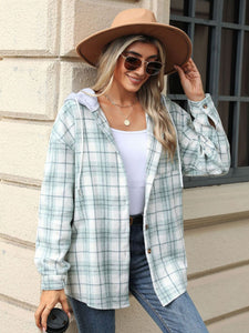 Drawstring Plaid Button Up Hooded Jacket (multiple color options)