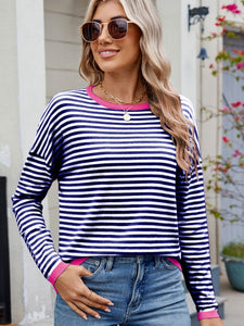 Striped Contrast Round Neck Long Sleeve Sweater (multiple color options)