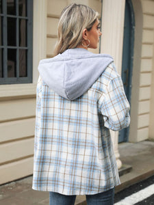 Drawstring Plaid Button Up Hooded Jacket (multiple color options)