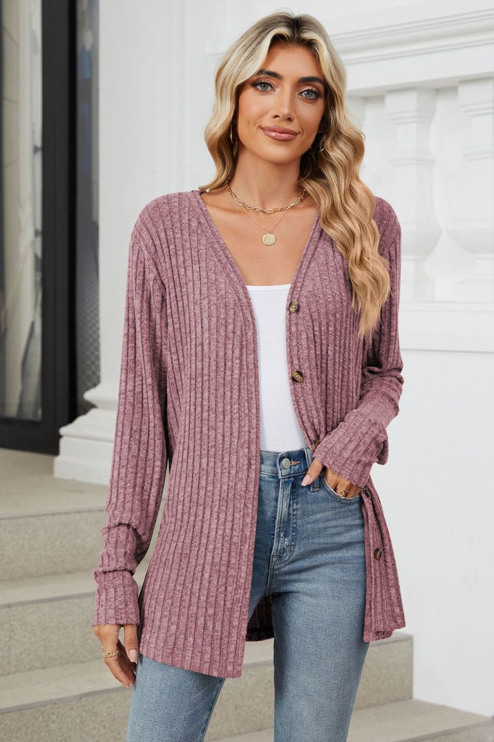 Ribbed Button Up Long Sleeve Cardigan (multiple color options)