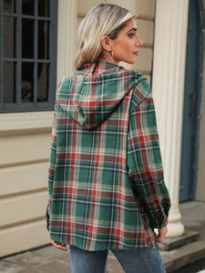 Drawstring Plaid Hooded Long Sleeve Top (multiple color options)