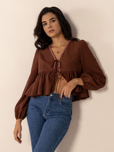 Load image into Gallery viewer, Peplum Tied V-Neck Long Sleeve Blouse
