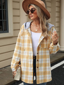 Drawstring Plaid Button Up Hooded Jacket (multiple color options)