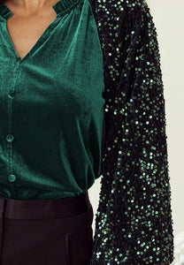 Sequin Notched Long Sleeve Blouse (2 color options)