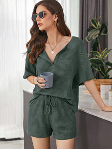 Waffle-Knit Dropped Shoulder Top and Shorts Set (multiple color options)