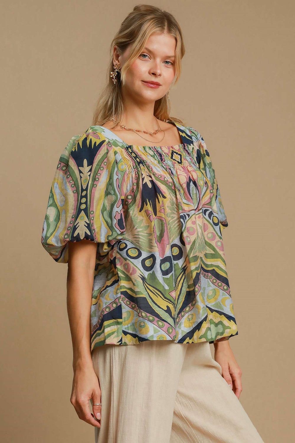 Abstract Print Smocked Square Neck Puff Sleeve Blouse