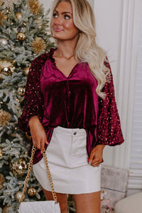 Sequin Notched Long Sleeve Blouse (2 color options)