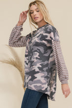 Load image into Gallery viewer, Camo Print High-Low T-Shirt with Stripe Sleeves
