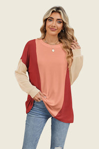 Texture Contrast Round Neck Long Sleeve Top (multiple color options)