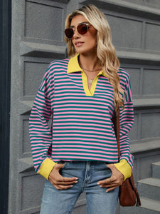 Striped Johnny Collar Long Sleeve Sweatshirt (multiple color options)