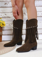 Load image into Gallery viewer, Fringe Suede Point Toe Block Heel Boots  (2 color options)
