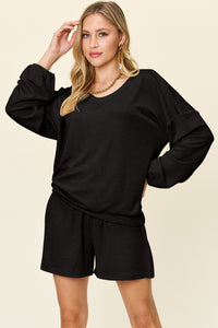 Texture V-Neck Long Sleeve T-Shirt and Shorts Set (multiple color options)