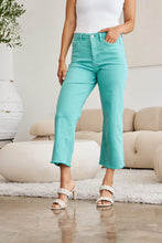 Load image into Gallery viewer, RFM &quot;Chloe&quot; Tummy Control High Waist Cropped Wide Leg Raw Hem Jeans in Island Green
