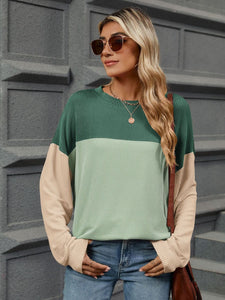 Contrast Round Neck Long Sleeve Top (multiple color options)